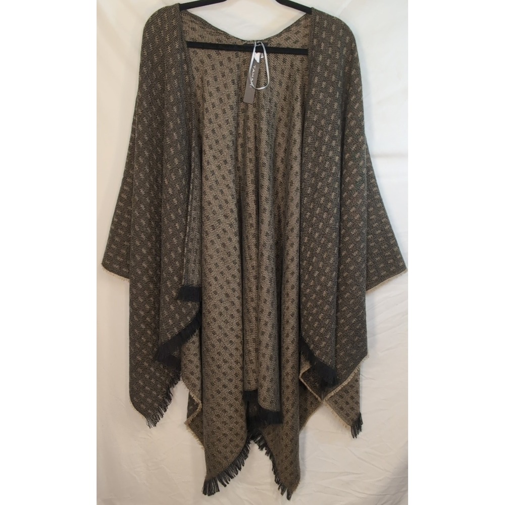 Tahari Women Brown Black Geometric Fringe Trim Open Front Wrap TAWSP1859 OS